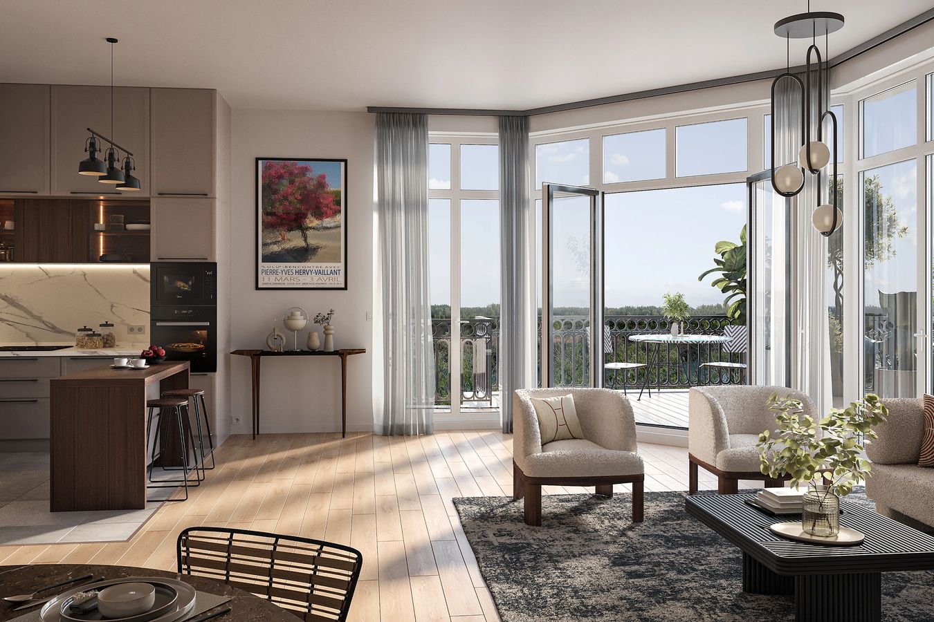 Sunlit living room with bouclé armchairs and glass doors to a balcony overlooking woodland