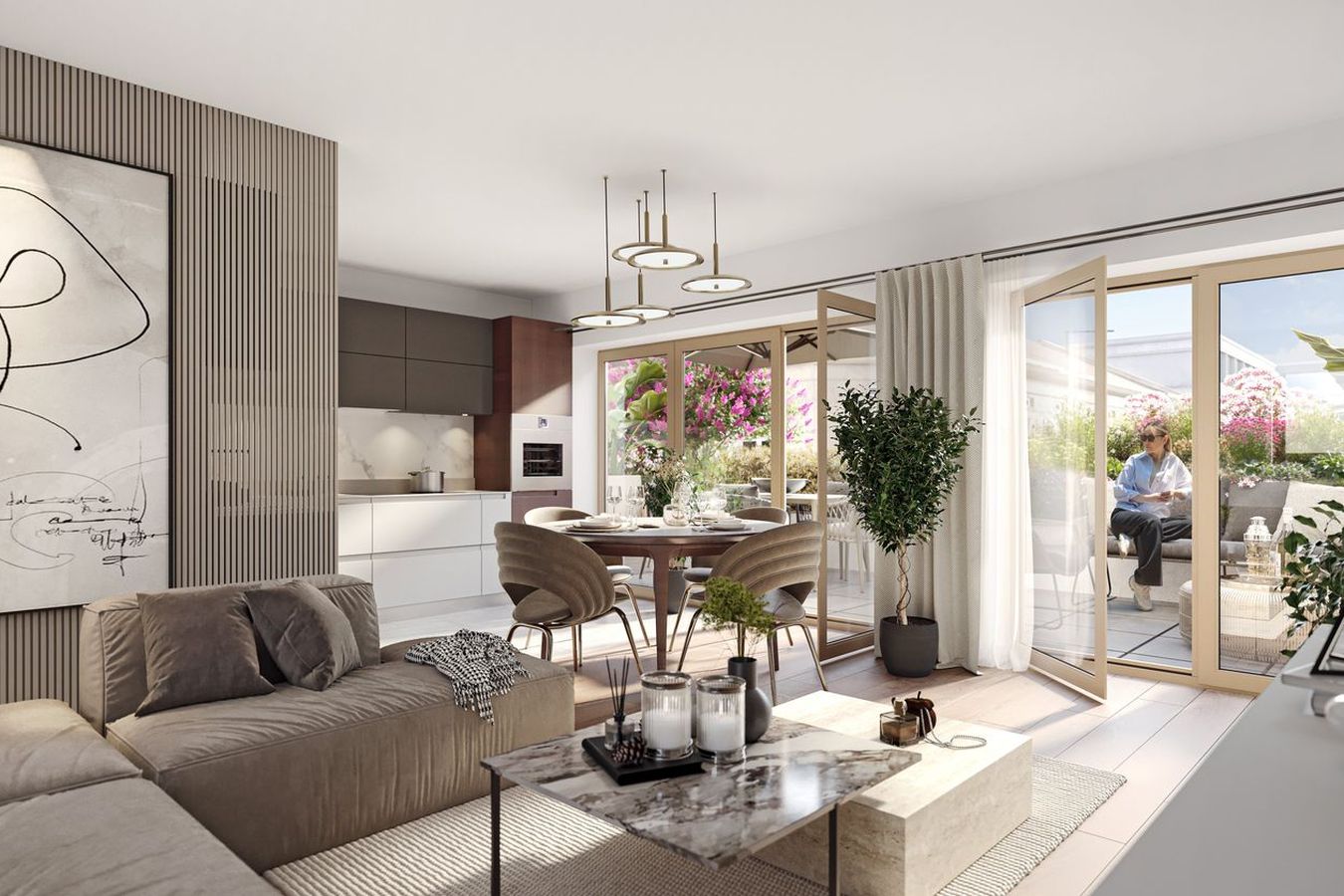 Open-plan living room with wood-slat panelling and glass doors onto a planted terrace