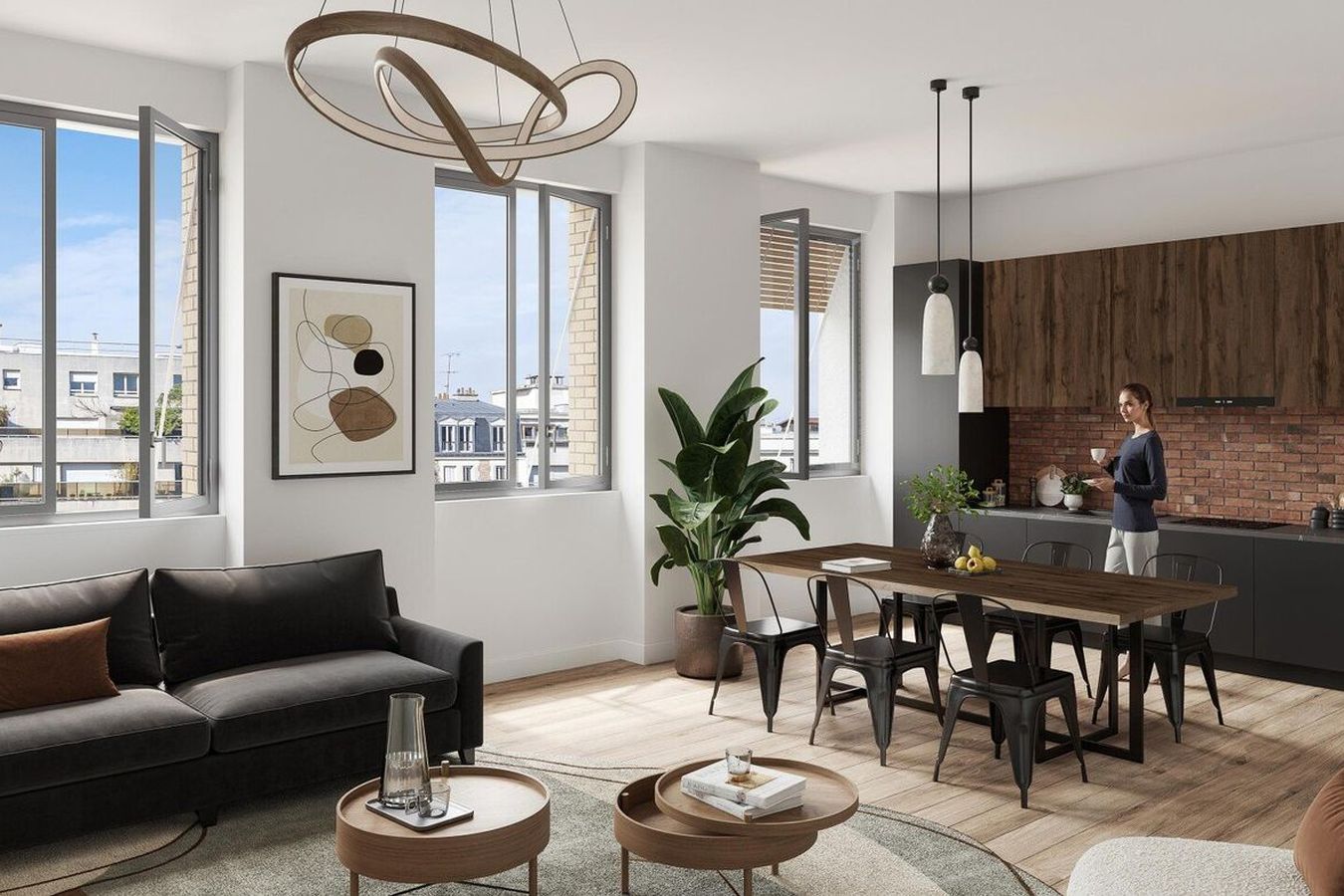 Living room with exposed brick, dark cabinetry and windows over Parisian rooftops